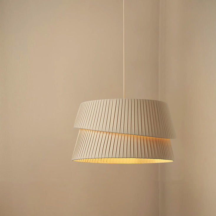Contemporary Nordic Cream Round Trapezoidal Stripe Fabric Shade Hardware 1-Light Pendant Light For Living Room