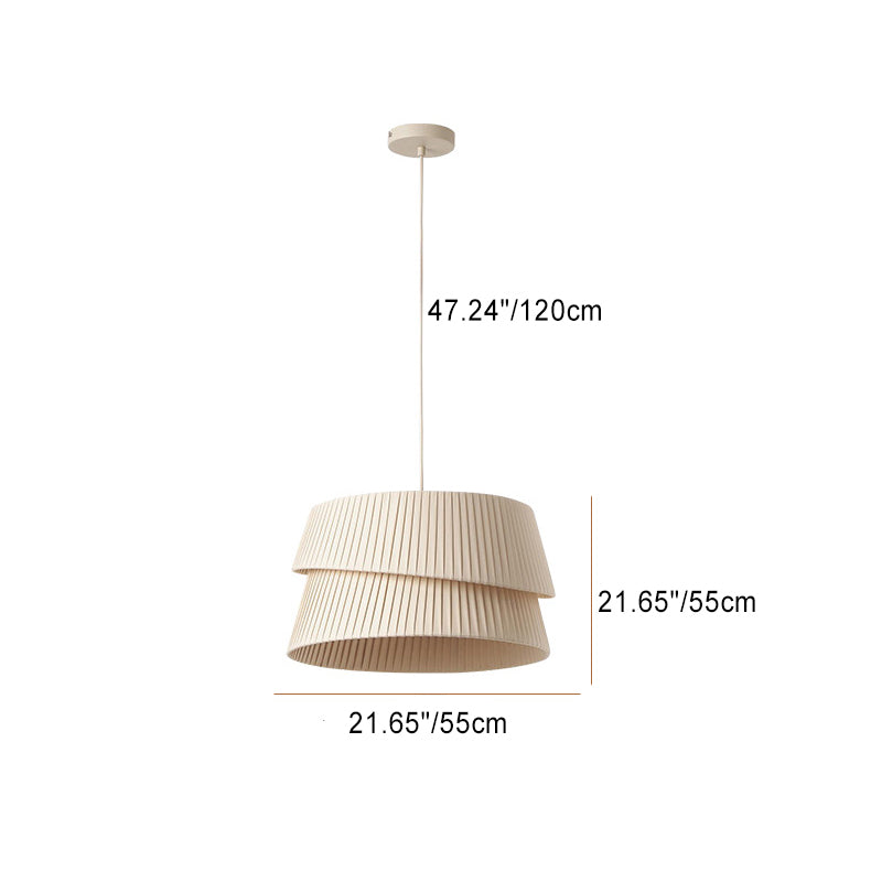 Contemporary Nordic Cream Round Trapezoidal Stripe Fabric Shade Hardware 1-Light Pendant Light For Living Room