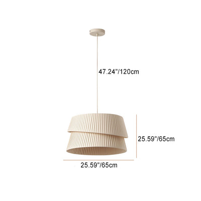 Contemporary Nordic Cream Round Trapezoidal Stripe Fabric Shade Hardware 1-Light Pendant Light For Living Room