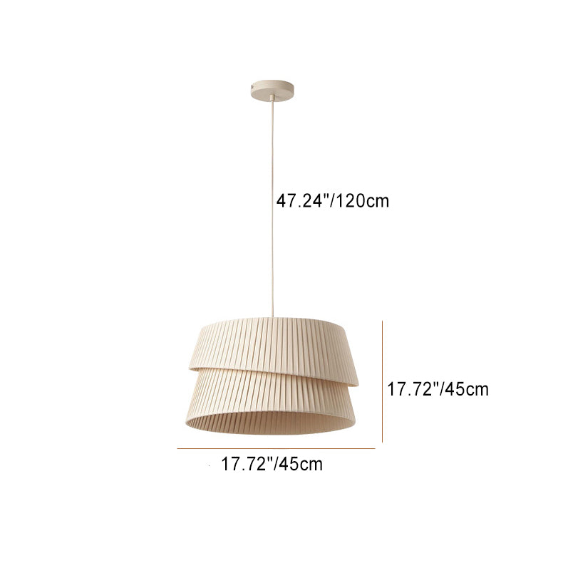 Contemporary Nordic Cream Round Trapezoidal Stripe Fabric Shade Hardware 1-Light Pendant Light For Living Room