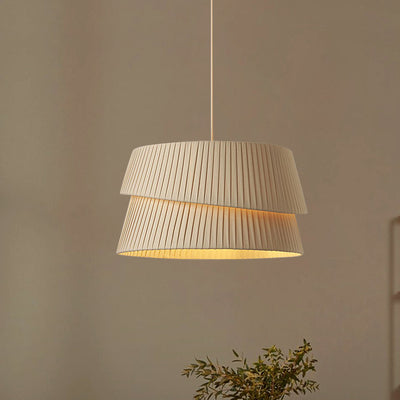 Contemporary Nordic Cream Round Trapezoidal Stripe Fabric Shade Hardware 1-Light Pendant Light For Living Room