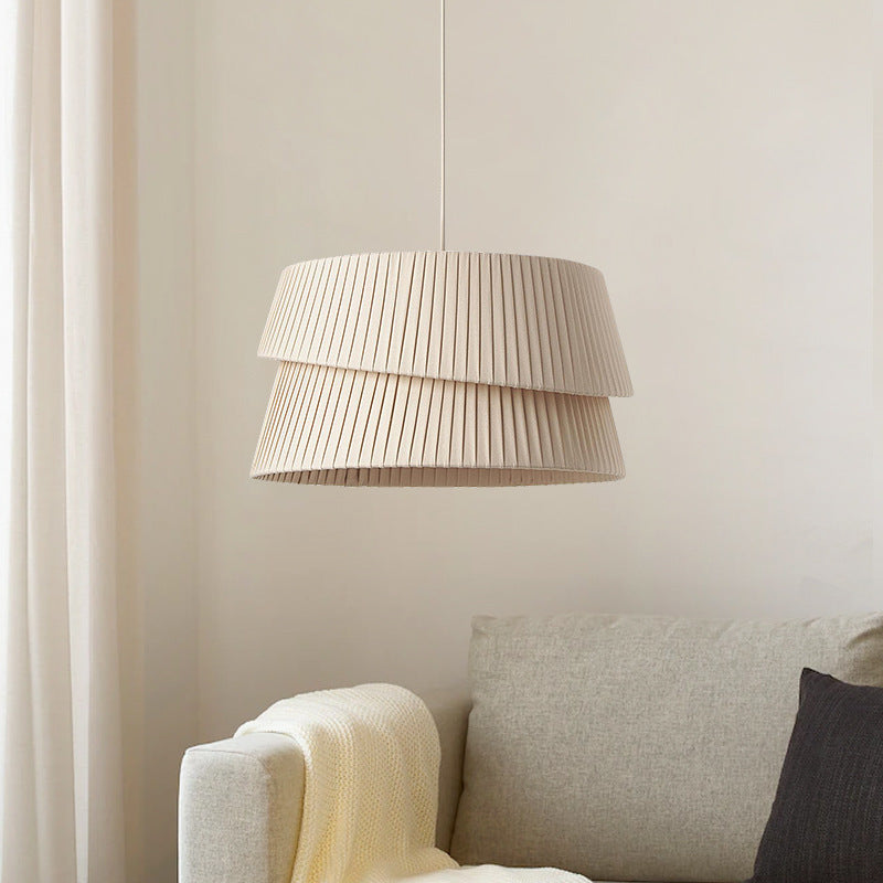 Contemporary Nordic Cream Round Trapezoidal Stripe Fabric Shade Hardware 1-Light Pendant Light For Living Room