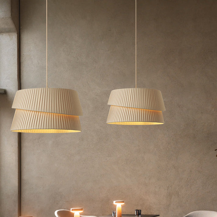 Contemporary Nordic Cream Round Trapezoidal Stripe Fabric Shade Hardware 1-Light Pendant Light For Living Room