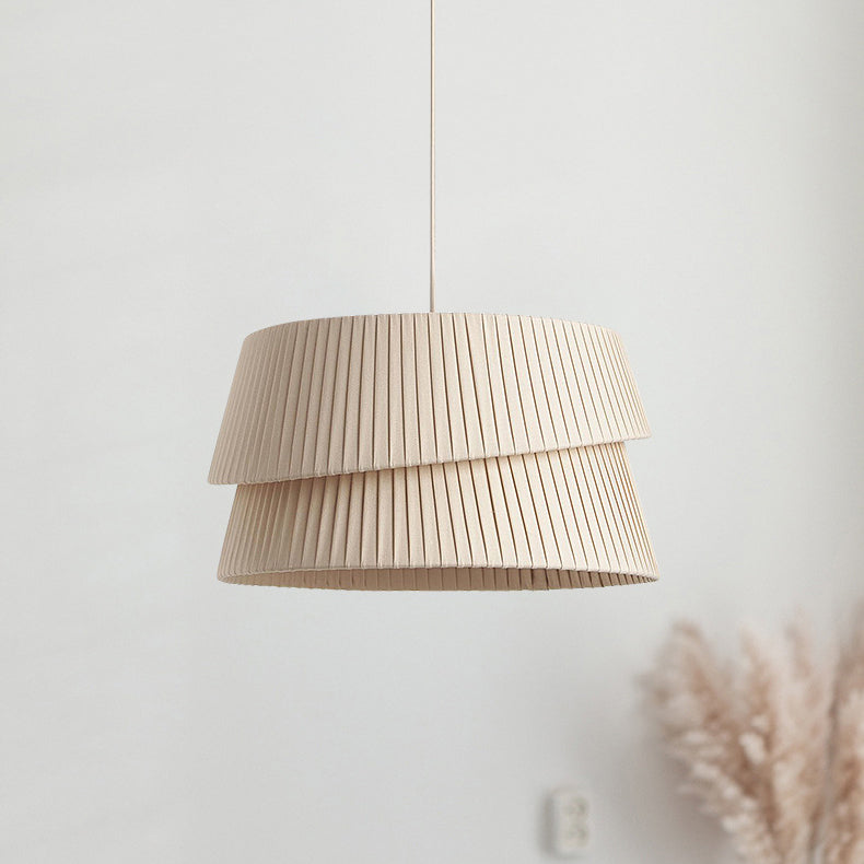 Contemporary Nordic Cream Round Trapezoidal Stripe Fabric Shade Hardware 1-Light Pendant Light For Living Room