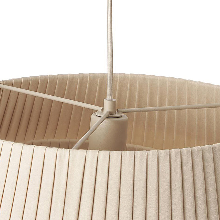 Contemporary Nordic Cream Round Trapezoidal Stripe Fabric Shade Hardware 1-Light Pendant Light For Living Room