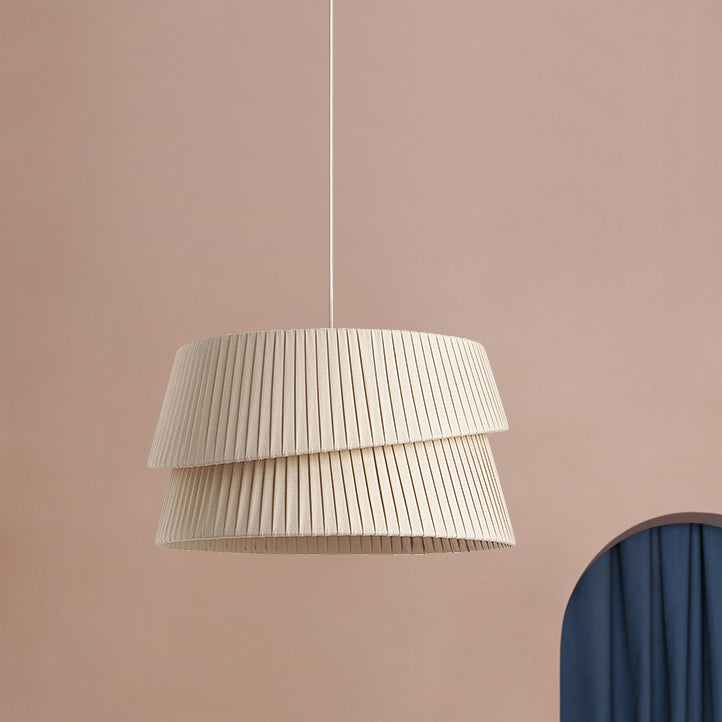 Contemporary Nordic Cream Round Trapezoidal Stripe Fabric Shade Hardware 1-Light Pendant Light For Living Room