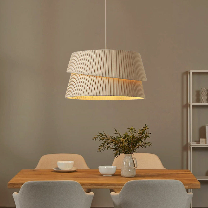Contemporary Nordic Cream Round Trapezoidal Stripe Fabric Shade Hardware 1-Light Pendant Light For Living Room