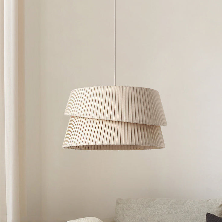 Contemporary Nordic Cream Round Trapezoidal Stripe Fabric Shade Hardware 1-Light Pendant Light For Living Room