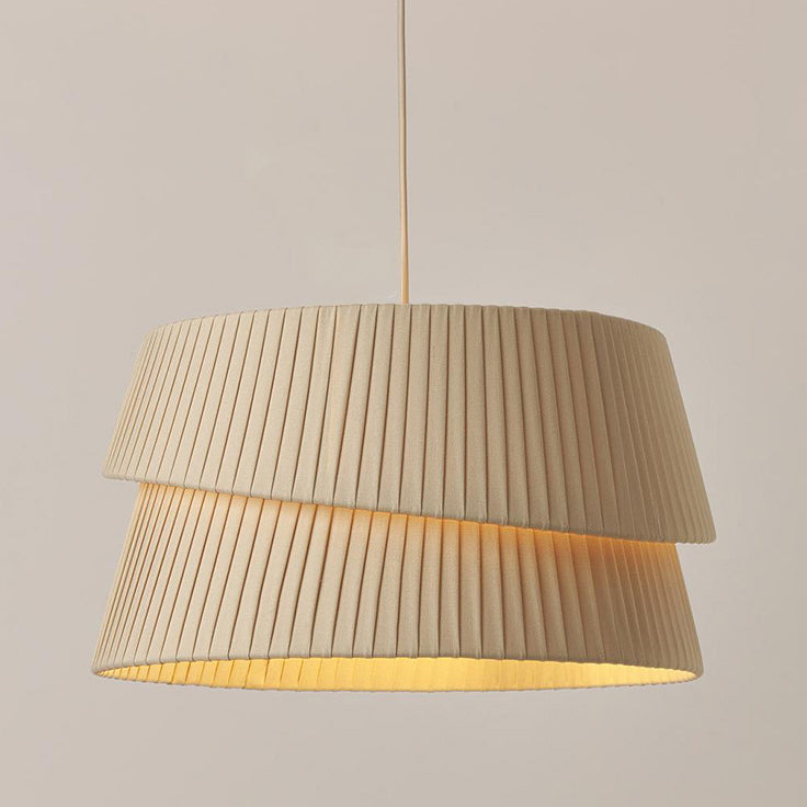 Contemporary Nordic Cream Round Trapezoidal Stripe Fabric Shade Hardware 1-Light Pendant Light For Living Room