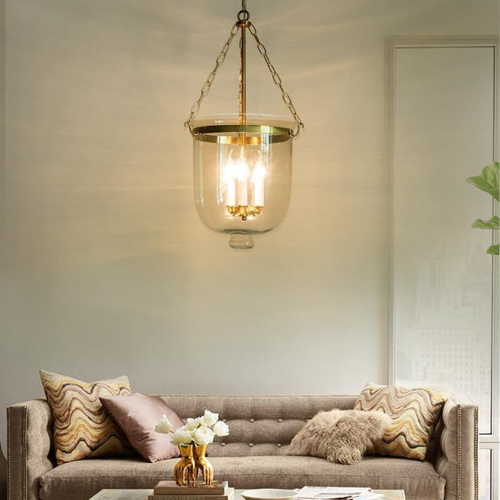 Suspension à 3 lumières avec abat-jour en verre rond vintage traditionnel en forme de coupe et cadre en fer pour salon 