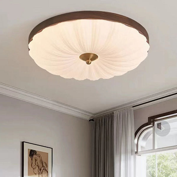 Plafonnier LED contemporain rond rétro en forme de pétales de fleurs en cuivre, bois et acrylique pour salon 