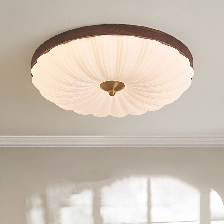 Plafonnier LED contemporain rond rétro en forme de pétales de fleurs en cuivre, bois et acrylique pour salon 