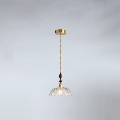 Abat-jour en verre traditionnel français avec bourgeons de pétales de fleurs rondes, bois et aluminium, suspension 1 lumière pour salon 