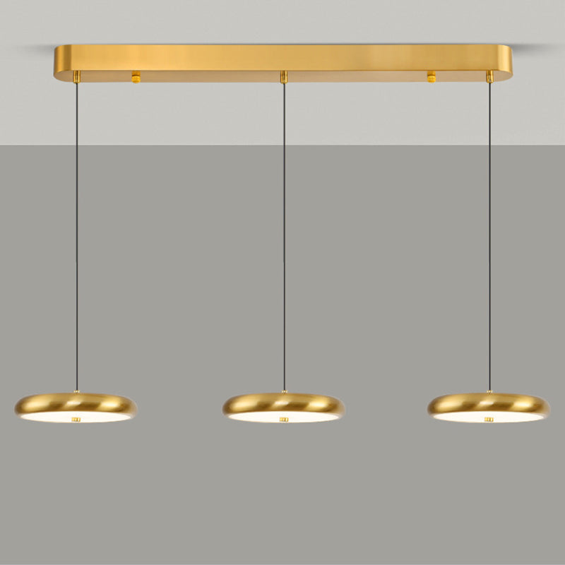 Zeitgenössischer nordischer runder Frisbee-förmiger Hardware-Acryl-LED-Insel-Licht-Kronleuchter für das Esszimmer 
