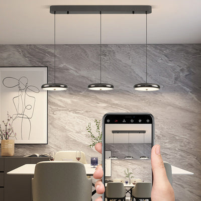 Zeitgenössischer nordischer runder Frisbee-förmiger Hardware-Acryl-LED-Insel-Licht-Kronleuchter für das Esszimmer 