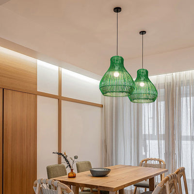 Lámpara colgante contemporánea creativa de hierro y ratán con forma de calabaza redonda de 1 luz para sala de estar 
