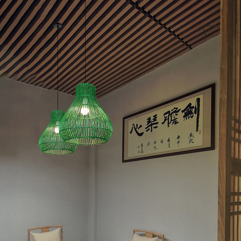 Lámpara colgante contemporánea creativa de hierro y ratán con forma de calabaza redonda de 1 luz para sala de estar 