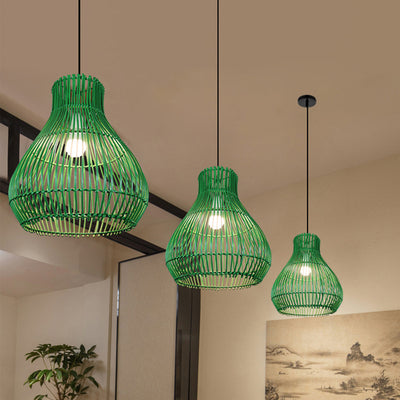 Lámpara colgante contemporánea creativa de hierro y ratán con forma de calabaza redonda de 1 luz para sala de estar 