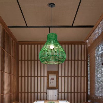 Lámpara colgante contemporánea creativa de hierro y ratán con forma de calabaza redonda de 1 luz para sala de estar 