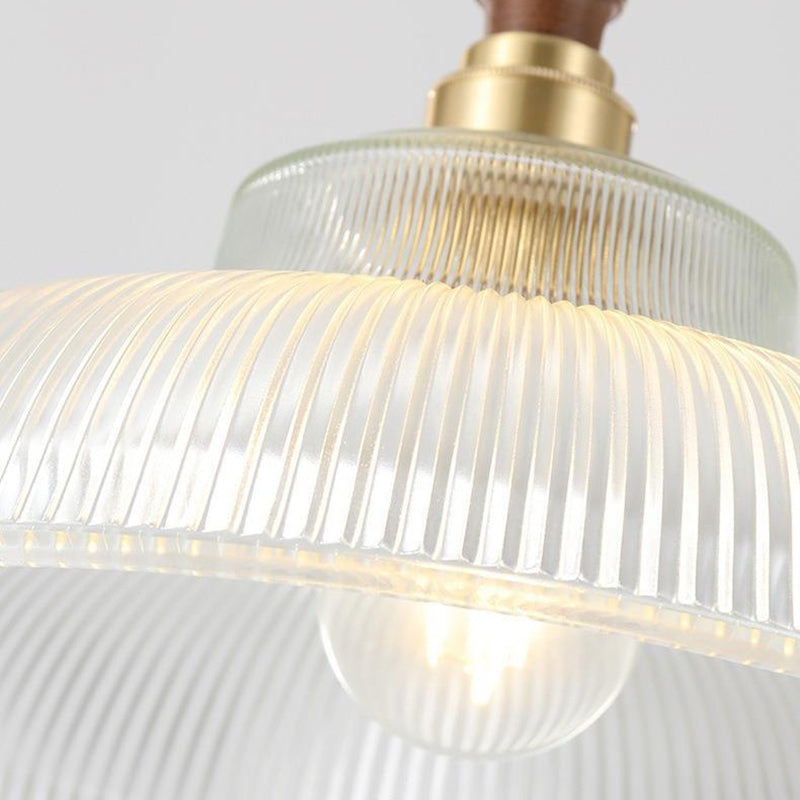 Contemporain Rétro Rond Cône Rayé Abat-jour en Verre Bois Laiton Suspension 1 Lumière pour Salon 