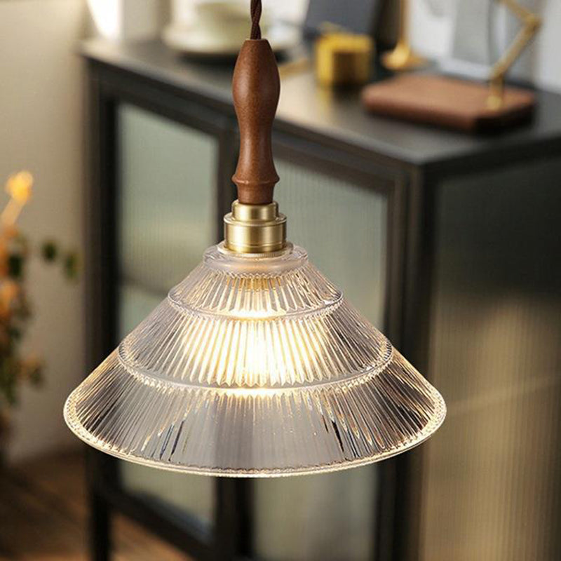 Contemporain Rétro Rond Cône Rayé Abat-jour en Verre Bois Laiton Suspension 1 Lumière pour Salon 