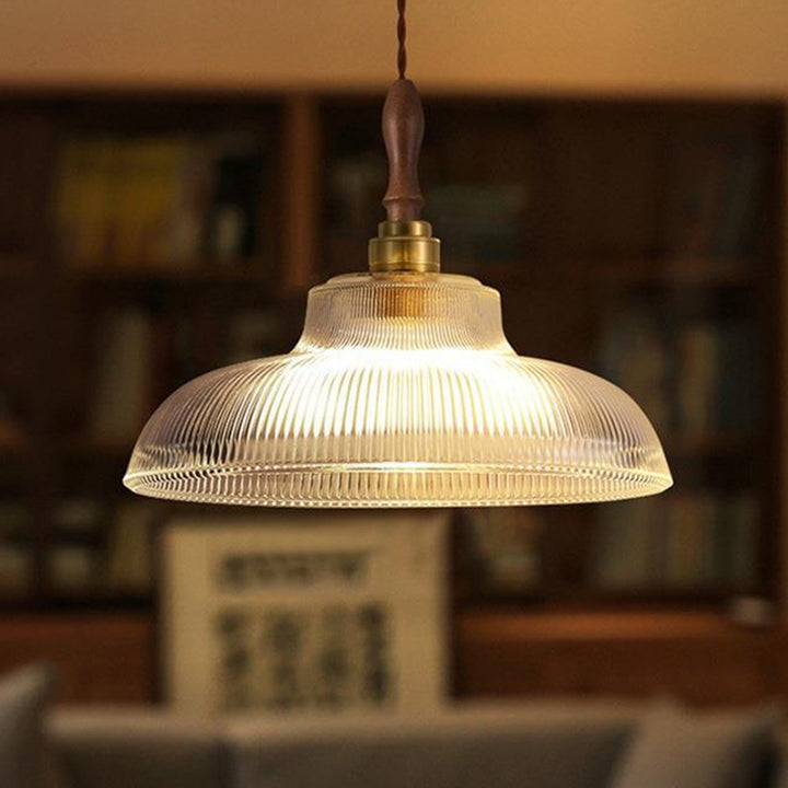 Contemporain Rétro Rond Cône Rayé Abat-jour en Verre Bois Laiton Suspension 1 Lumière pour Salon 