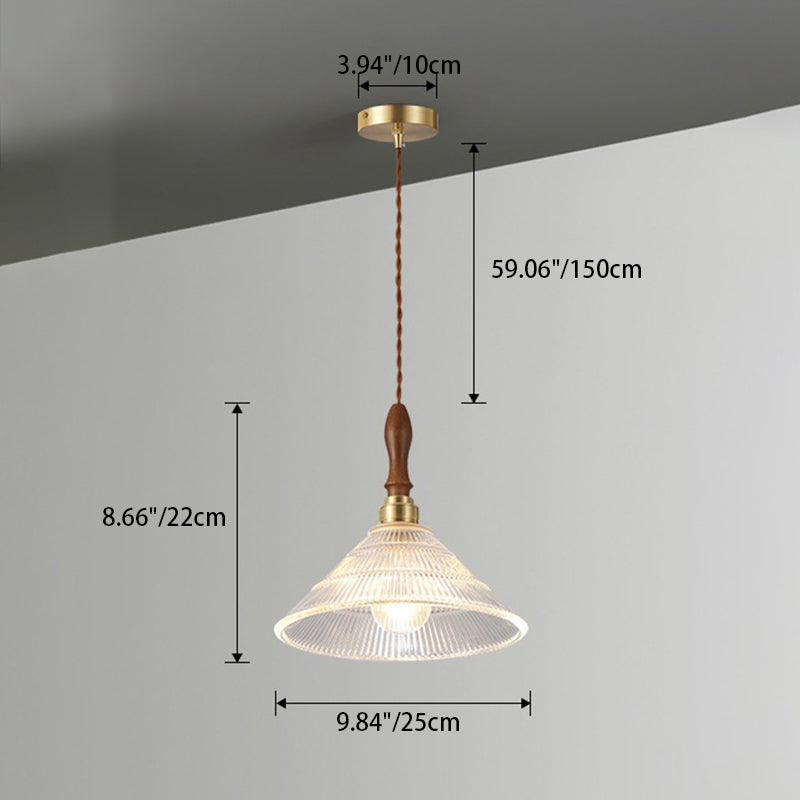 Contemporain Rétro Rond Cône Rayé Abat-jour en Verre Bois Laiton Suspension 1 Lumière pour Salon 