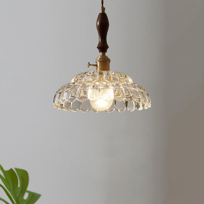 Traditional Vintage Round Floral Glass Shade Wood Brass 1-Light Pendant Light For Living Room