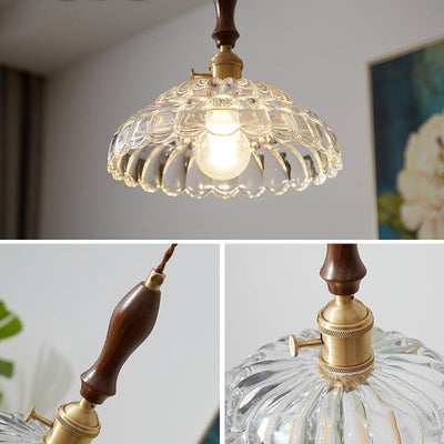 Traditional Vintage Round Floral Glass Shade Wood Brass 1-Light Pendant Light For Living Room