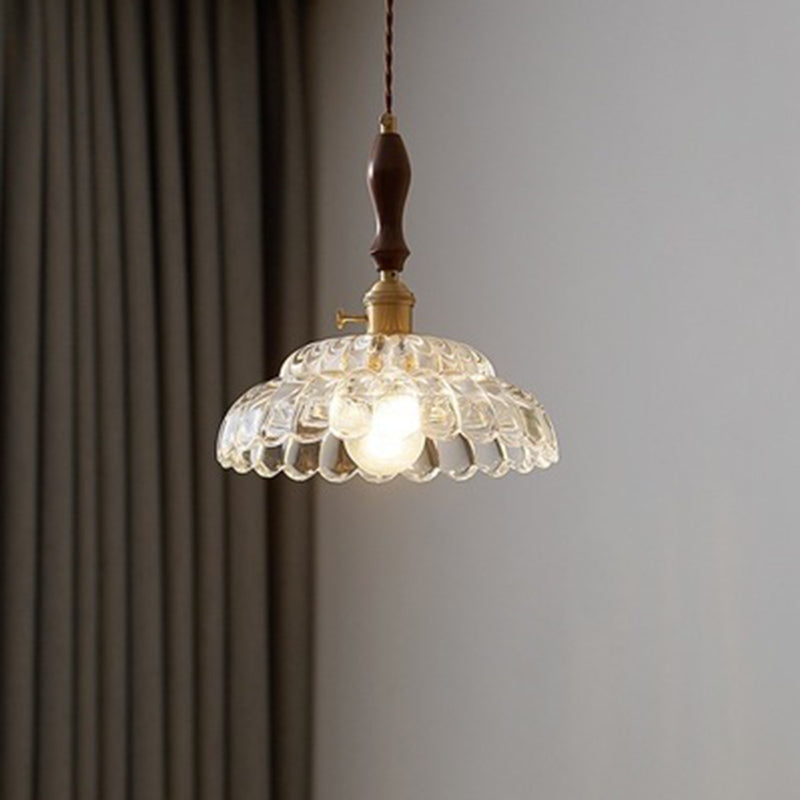 Traditional Vintage Round Floral Glass Shade Wood Brass 1-Light Pendant Light For Living Room