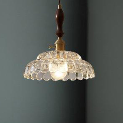 Traditional Vintage Round Floral Glass Shade Wood Brass 1-Light Pendant Light For Living Room
