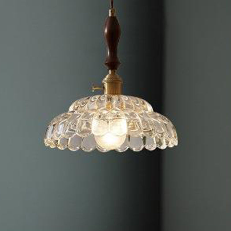 Traditional Vintage Round Floral Glass Shade Wood Brass 1-Light Pendant Light For Living Room