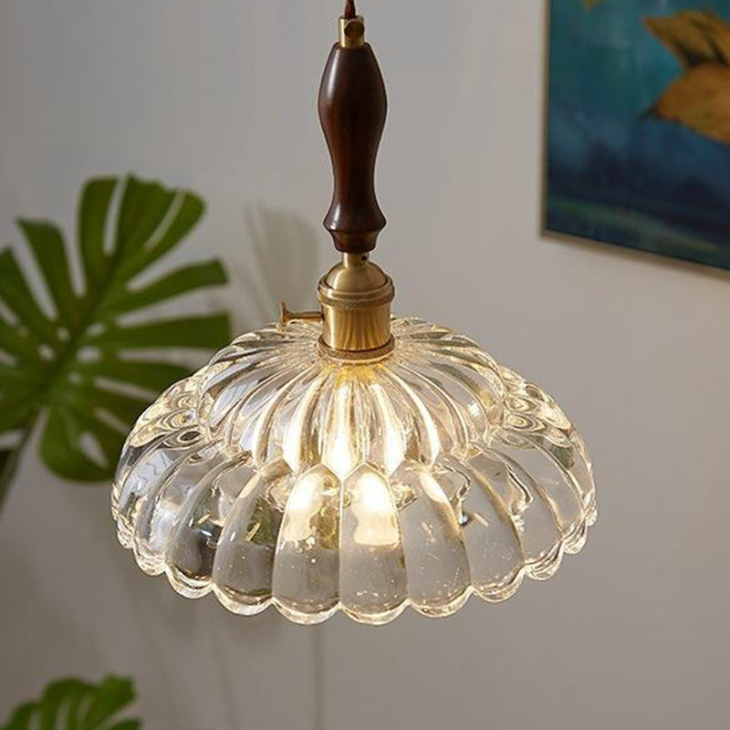 Traditional Vintage Round Floral Glass Shade Wood Brass 1-Light Pendant Light For Living Room