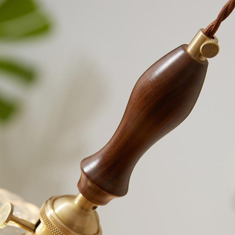 Traditional Vintage Round Floral Glass Shade Wood Brass 1-Light Pendant Light For Living Room