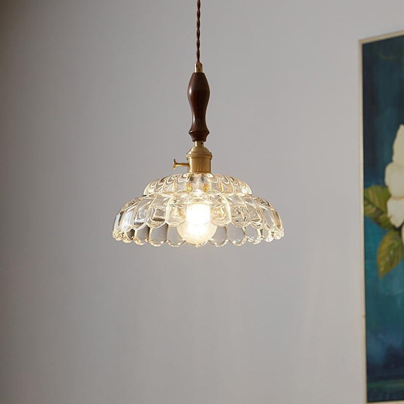 Traditional Vintage Round Floral Glass Shade Wood Brass 1-Light Pendant Light For Living Room