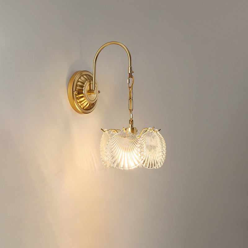 Lámpara de pared de 1 luz de hierro con pantalla de vidrio en forma de concha de hoja de flor redonda curva francesa tradicional para sala de estar 