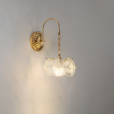 Lámpara de pared de 1 luz de hierro con pantalla de vidrio en forma de concha de hoja de flor redonda curva francesa tradicional para sala de estar 