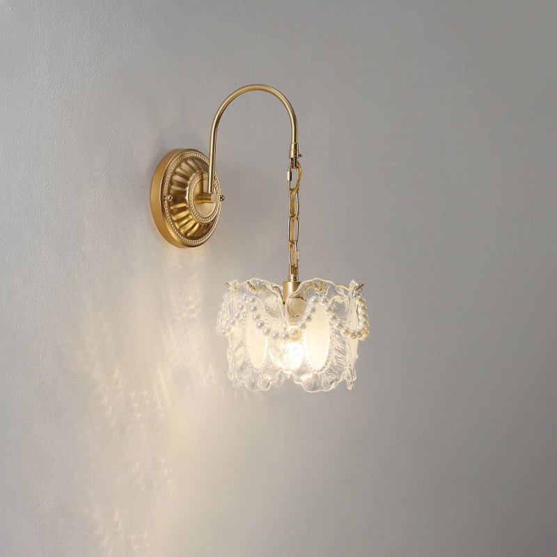 Lámpara de pared de 1 luz de hierro con pantalla de vidrio en forma de concha de hoja de flor redonda curva francesa tradicional para sala de estar 