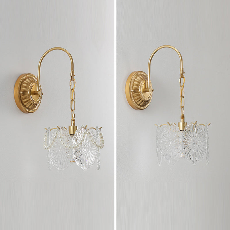 Lámpara de pared de 1 luz de hierro con pantalla de vidrio en forma de concha de hoja de flor redonda curva francesa tradicional para sala de estar 