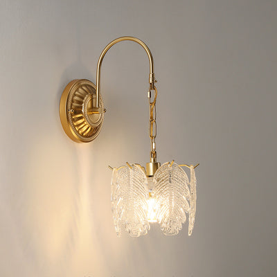 Lámpara de pared de 1 luz de hierro con pantalla de vidrio en forma de concha de hoja de flor redonda curva francesa tradicional para sala de estar 