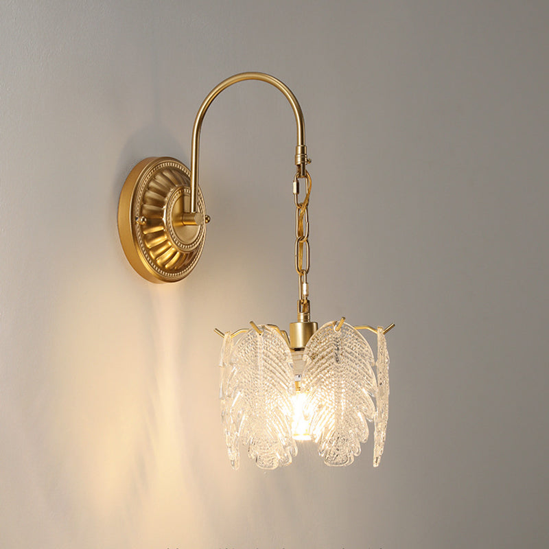 Lámpara de pared de 1 luz de hierro con pantalla de vidrio en forma de concha de hoja de flor redonda curva francesa tradicional para sala de estar 