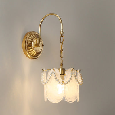 Lámpara de pared de 1 luz de hierro con pantalla de vidrio en forma de concha de hoja de flor redonda curva francesa tradicional para sala de estar 