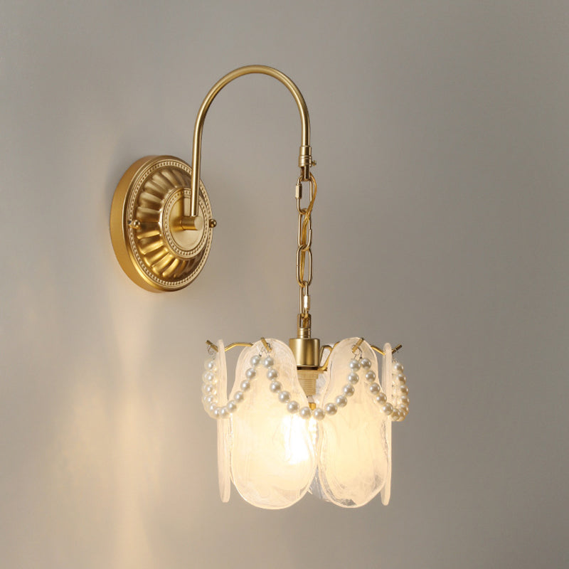 Lámpara de pared de 1 luz de hierro con pantalla de vidrio en forma de concha de hoja de flor redonda curva francesa tradicional para sala de estar 