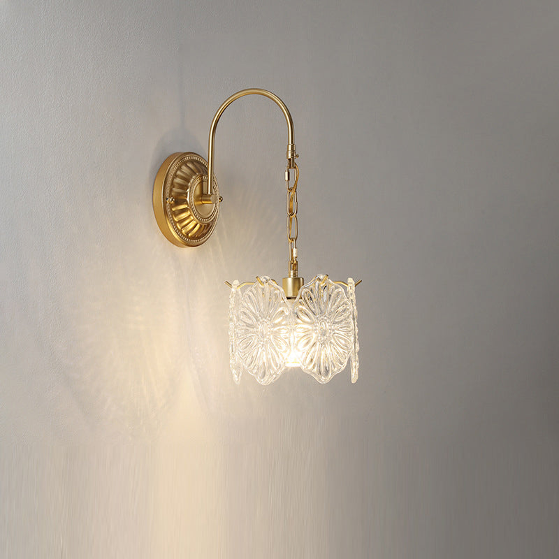 Lámpara de pared de 1 luz de hierro con pantalla de vidrio en forma de concha de hoja de flor redonda curva francesa tradicional para sala de estar 