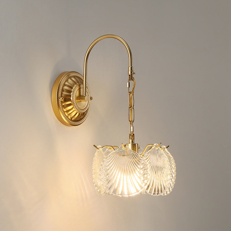 Lámpara de pared de 1 luz de hierro con pantalla de vidrio en forma de concha de hoja de flor redonda curva francesa tradicional para sala de estar 