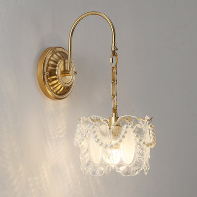 Lámpara de pared de 1 luz de hierro con pantalla de vidrio en forma de concha de hoja de flor redonda curva francesa tradicional para sala de estar 