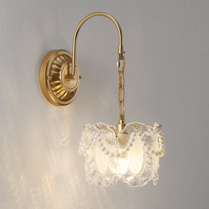 Lámpara de pared de 1 luz de hierro con pantalla de vidrio en forma de concha de hoja de flor redonda curva francesa tradicional para sala de estar 