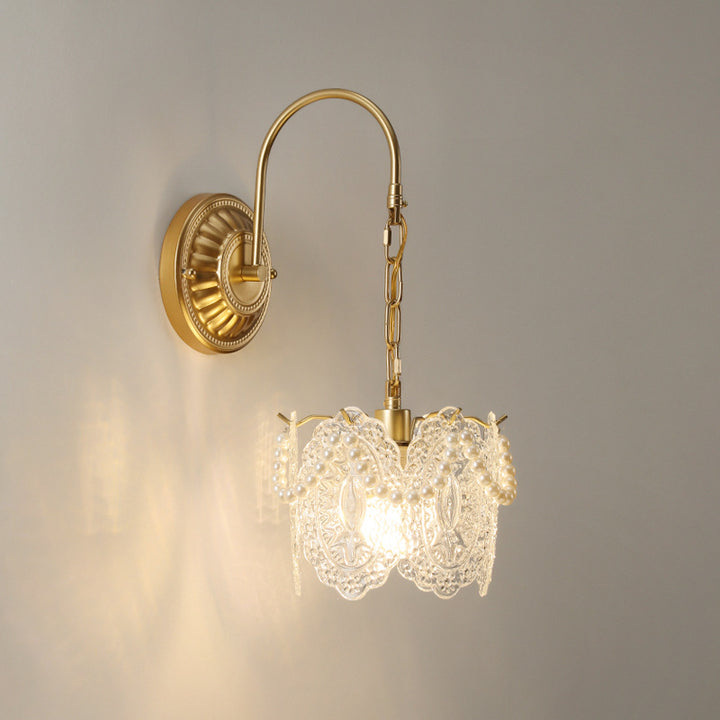 Traditionelle französische gebogene Stange runde Blume Blatt Muschelform Glasschirm Eisen 1-Licht Wandleuchte für Wohnzimmer 