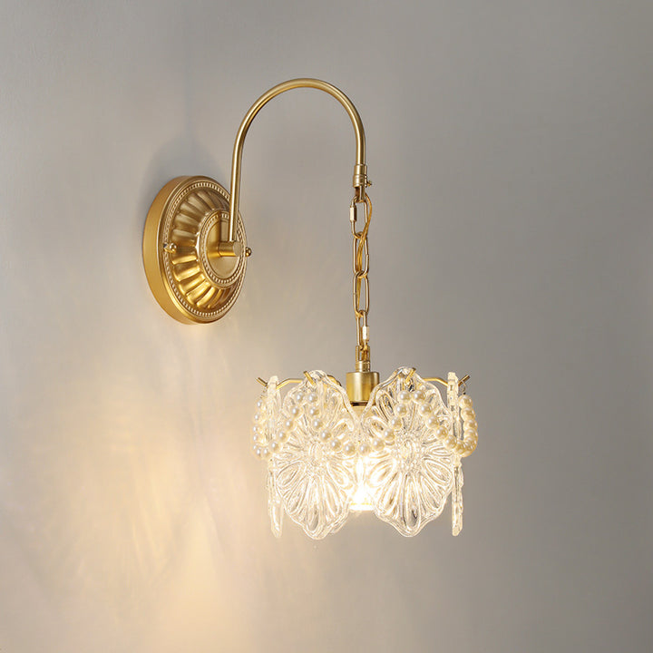 Traditionelle französische gebogene Stange runde Blume Blatt Muschelform Glasschirm Eisen 1-Licht Wandleuchte für Wohnzimmer 