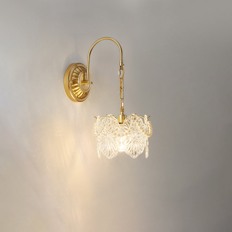 Lámpara de pared de 1 luz de hierro con pantalla de vidrio en forma de concha de hoja de flor redonda curva francesa tradicional para sala de estar 